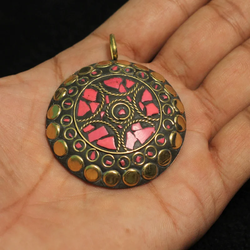 silver feather charm necklace 1 Pc Tibetan Pendant Round Shape Multicolor 2.25 Inch