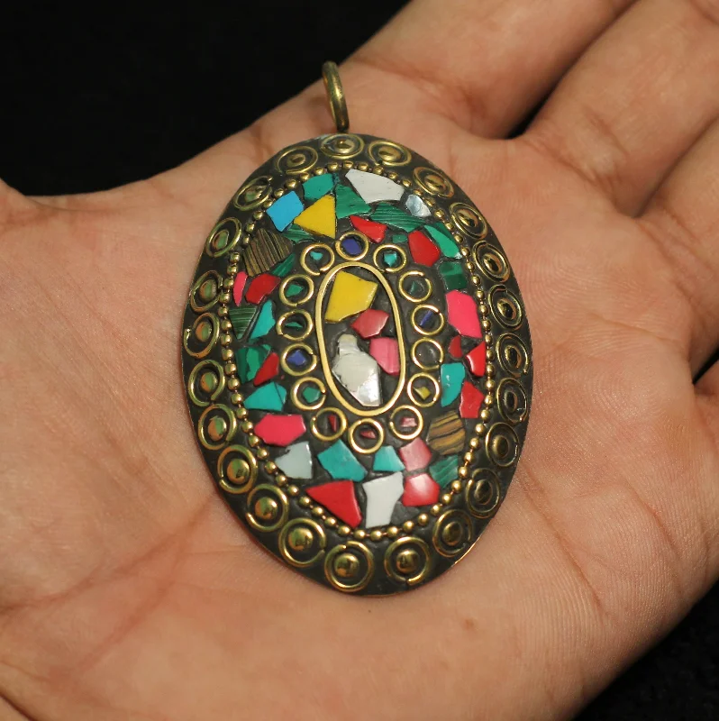 opal and gold earrings 1 Pc Tibetan Pendant Oval Shape Multicolor 2.75 Inch