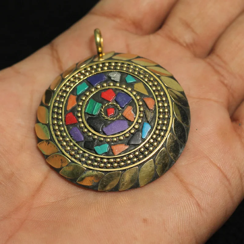 handcrafted gemstone pendant 1 Pc Tibetan Pendant Round Shape Multicolor 2.25 Inch