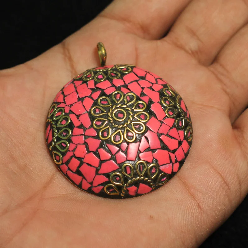 dainty gold chain earrings 1 Pc Tibetan Pendant Round Shape Multicolor 2.25 Inch