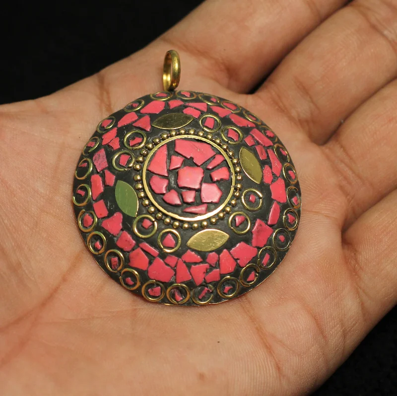 diamond halo engagement ring 1 Pc Tibetan Pendant Round Shape Multicolor 2.25 Inch
