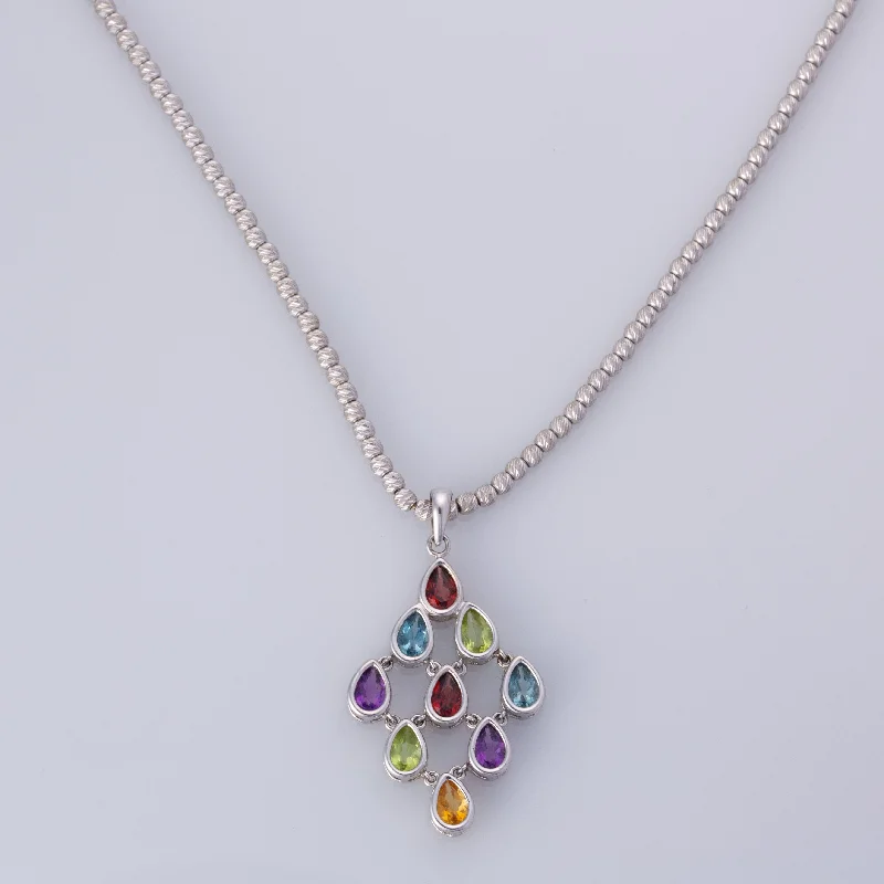 14K White Gold Multi Colored Gem Necklace | 16"| 3 ctw