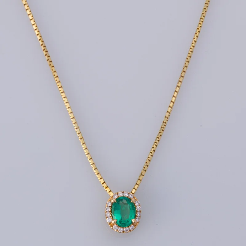 18K Yellow Gold Emerald Diamond Necklace | 0.42ct, 0.10ctw | 16"|