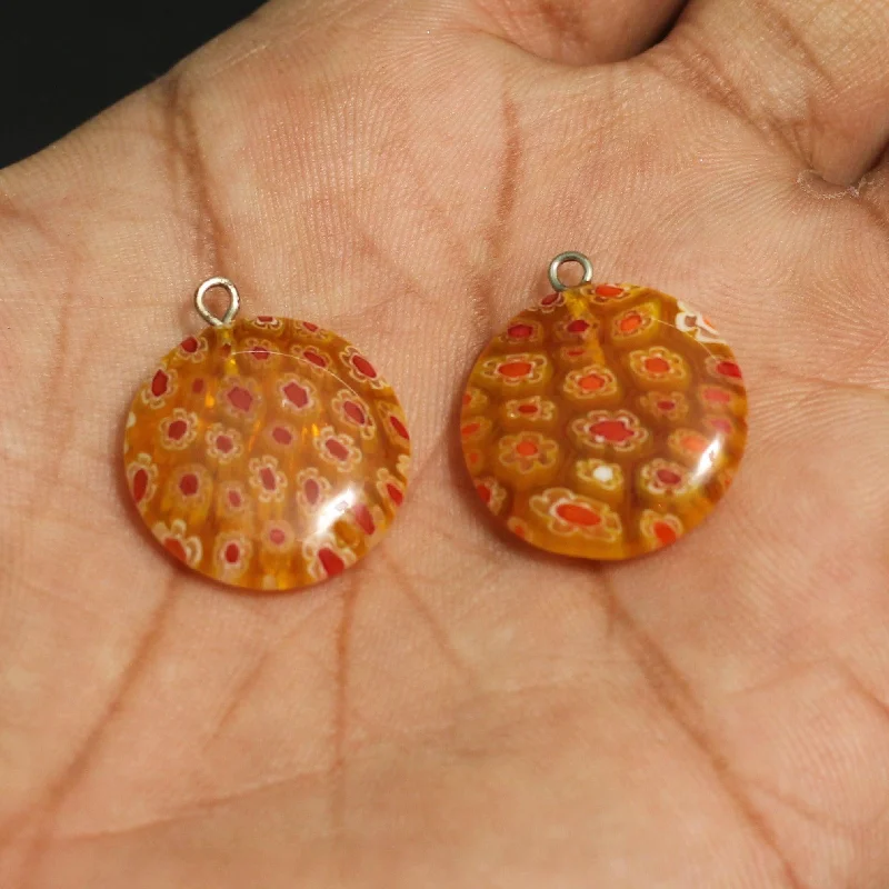 boho gold leaf ring 20 MM Millefiori Glass Coin pendant Orange
