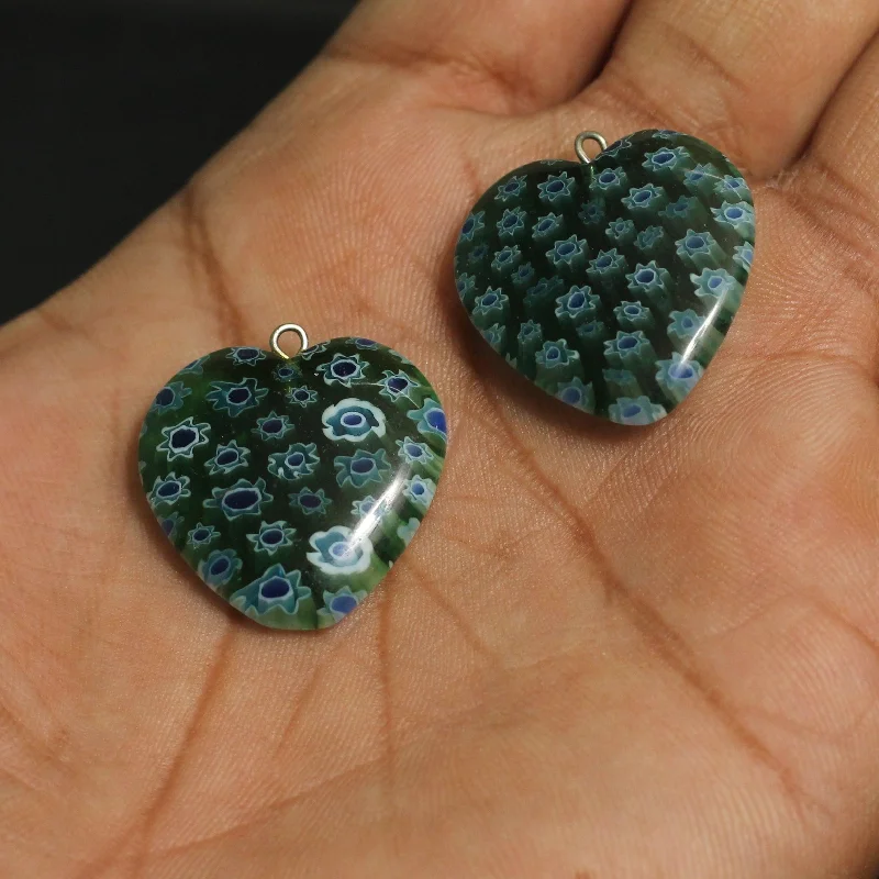 gold engagement ring vintage 25 MM Millefiori Dark Green Heart Pendant