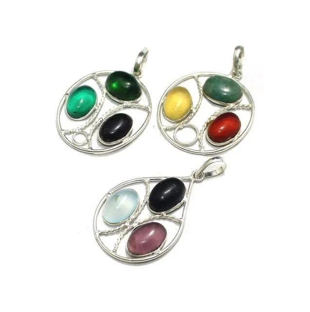 statement silver feather earrings 3 Pcs Stone Pendants Combo Silver 1.5 inch