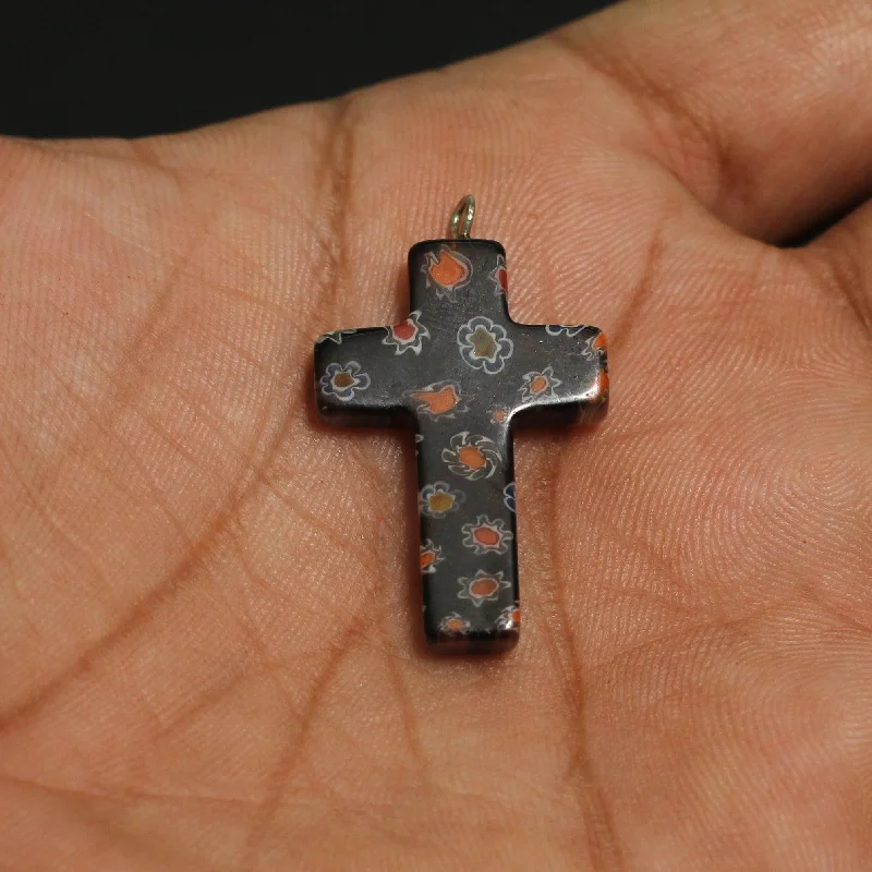 handmade braided anklet 30x20 MM Millefiori Glass Cross Pendant Dark Purple