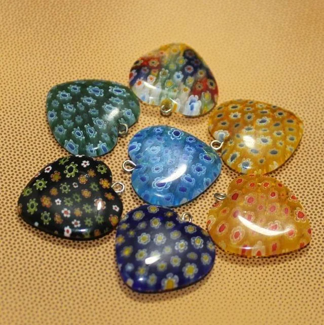 unique gemstone necklace handmade 7 Pcs Millefiori Glass Heart  Pendants MultiColor 25 mm