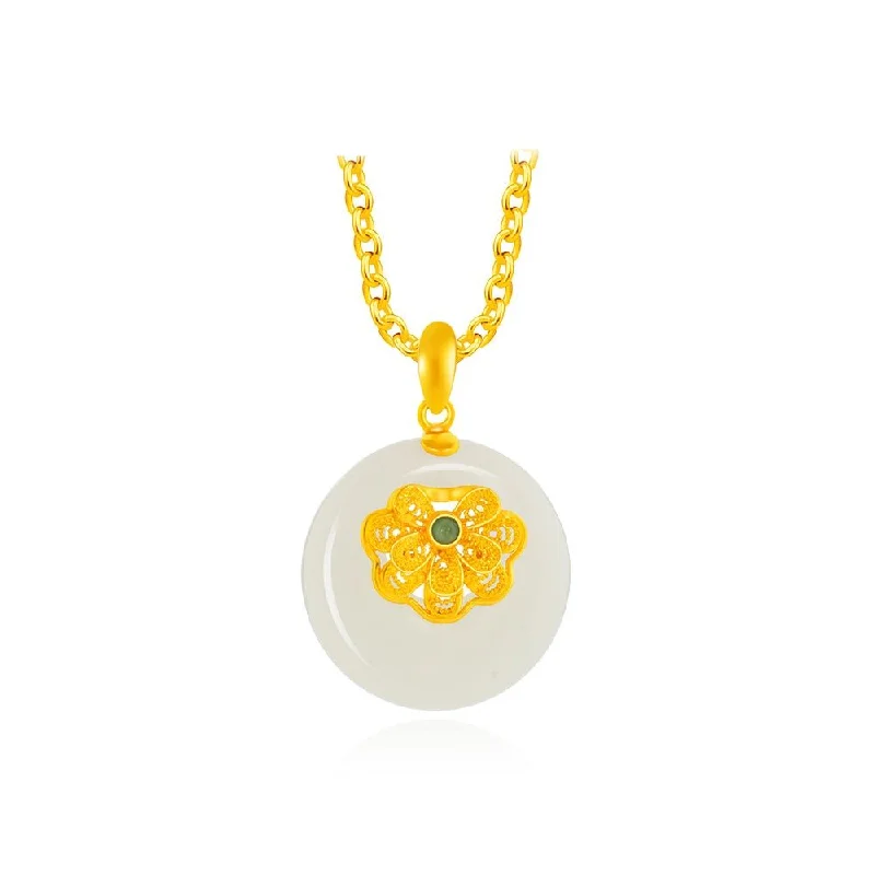 vintage-style diamond halo ring 999 Gold Hetian Jade Donut Pendant