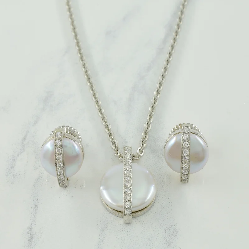 Button Cultured Pearl & Diamond Necklace & Earring Set | 12.00ctw, 0.62ctw | 18" |