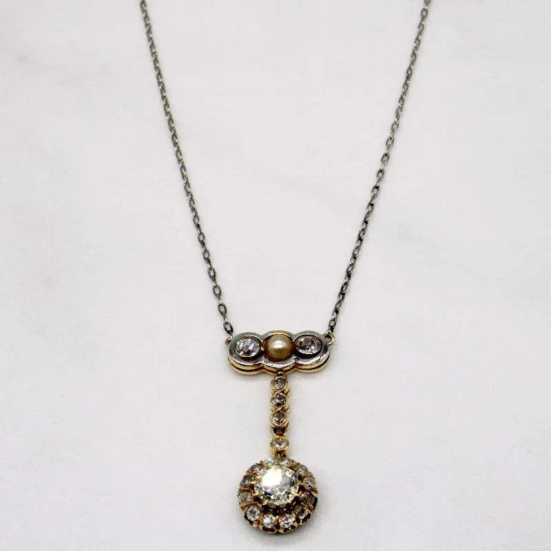 Antique Old Cut Diamond & Pearl Drop Pendant Necklace | 1.45ctw | 18" |