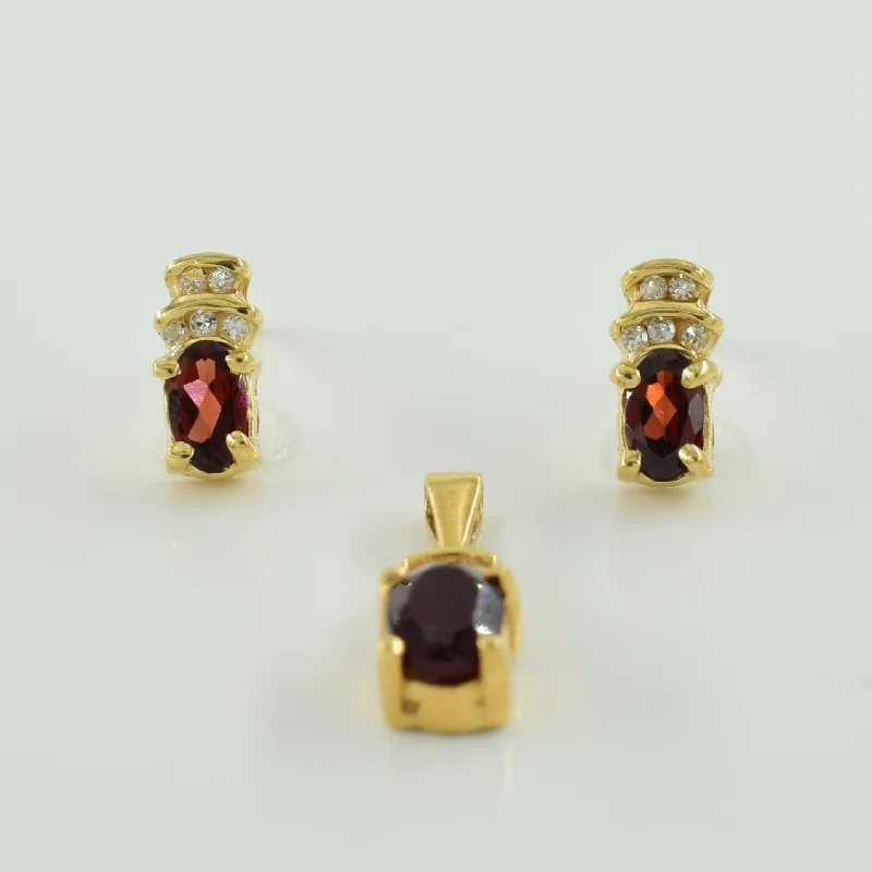 Garnet & Diamond Pendant & Earring Set | 0.90ctw, 0.07ctw |