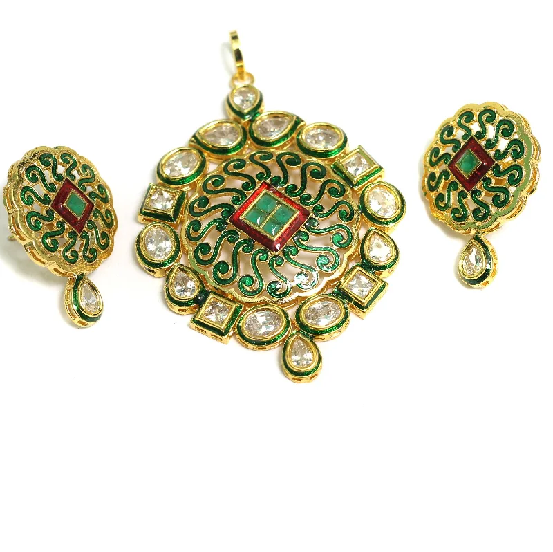 gold bar earrings minimalist Kundan Thewa Pendant With Earring Set