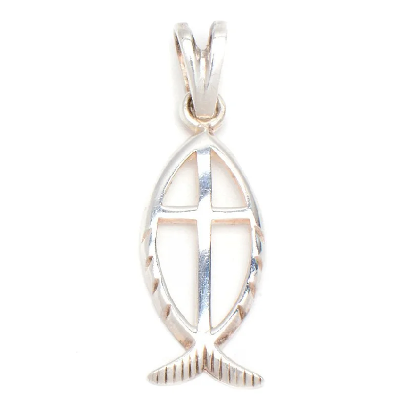 classic diamond solitaire necklace Open Fish Design with Cross in the Middle Pendant