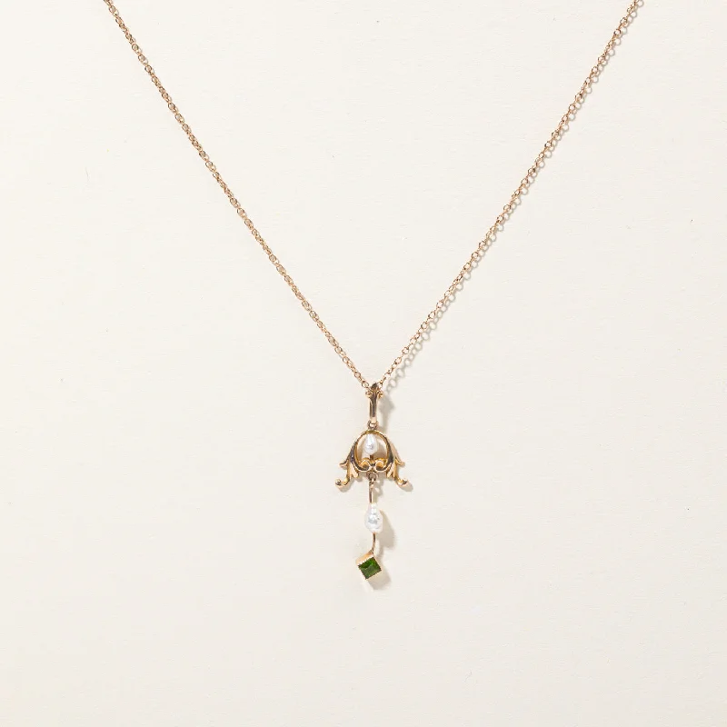 sterling silver angel wing pendant Rice Pearl & Green Glass Pendant Necklace | 0.15ct | 16" |