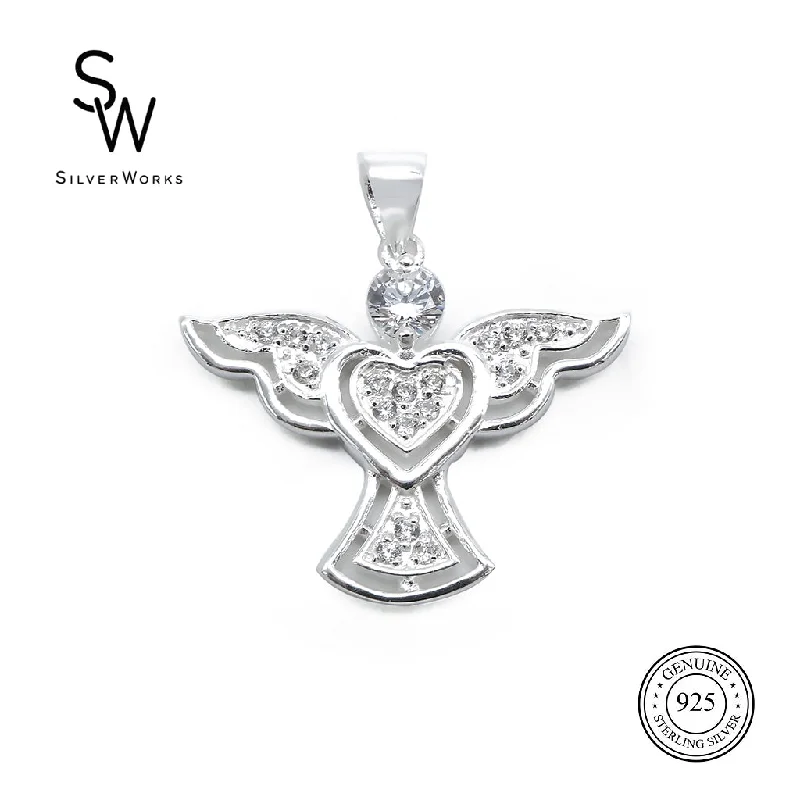 fine silver herringbone necklace Silverworks C4903 Angel Design Pendant with Heart