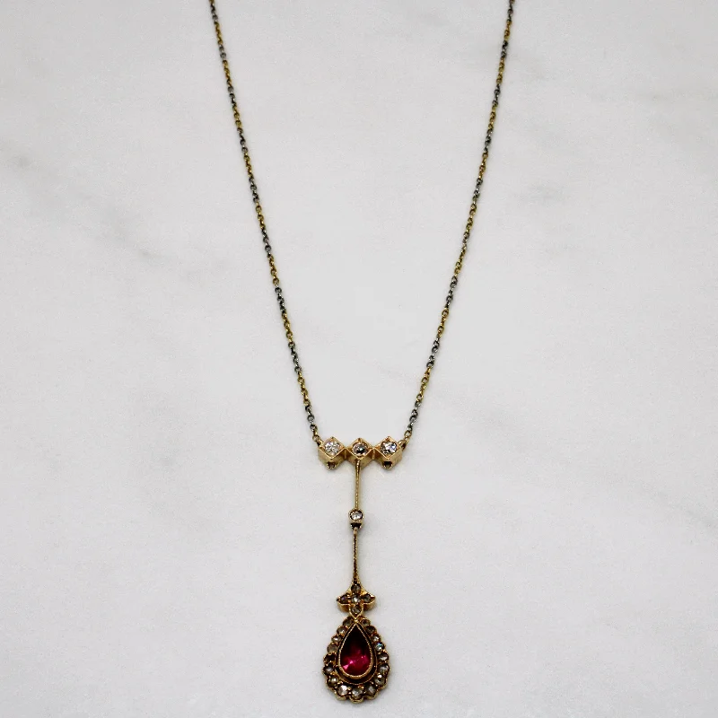 Antique Tourmaline & Old Cut Diamond Drop Pendant Necklace | 0.58ct, 0.32ctw | 17" |