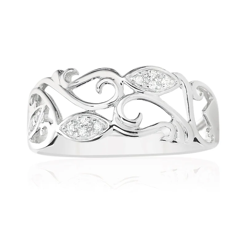 simple engraved wedding ring Sterling Silver Round Brilliant Cut with 0.05 CARAT tw of Diamonds Ring