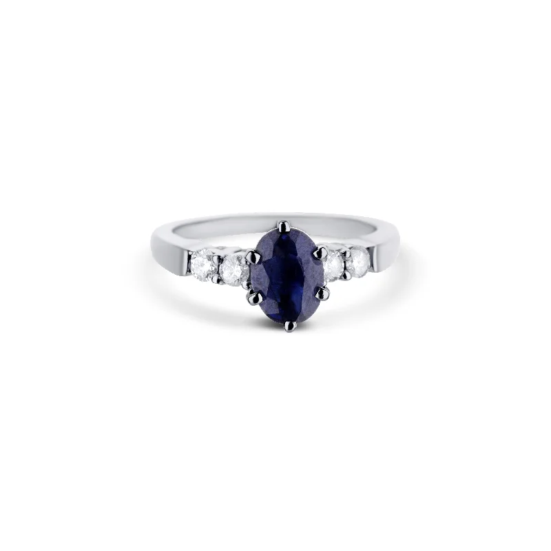 hammered gold stacking rings 14K White Gold Oval Blue Sapphire Ring With Accent Diamonds