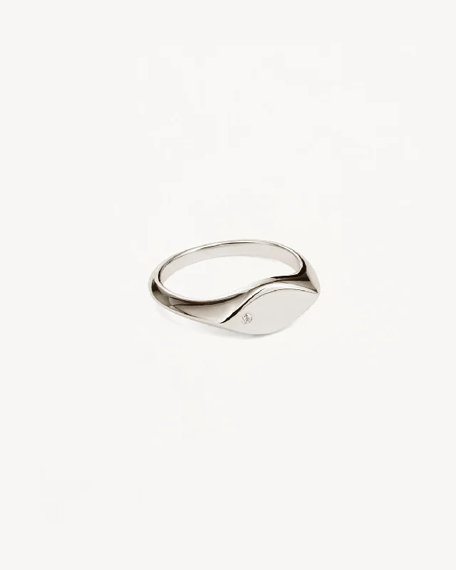 14k Solid White Gold Petal Diamond Signet Ring