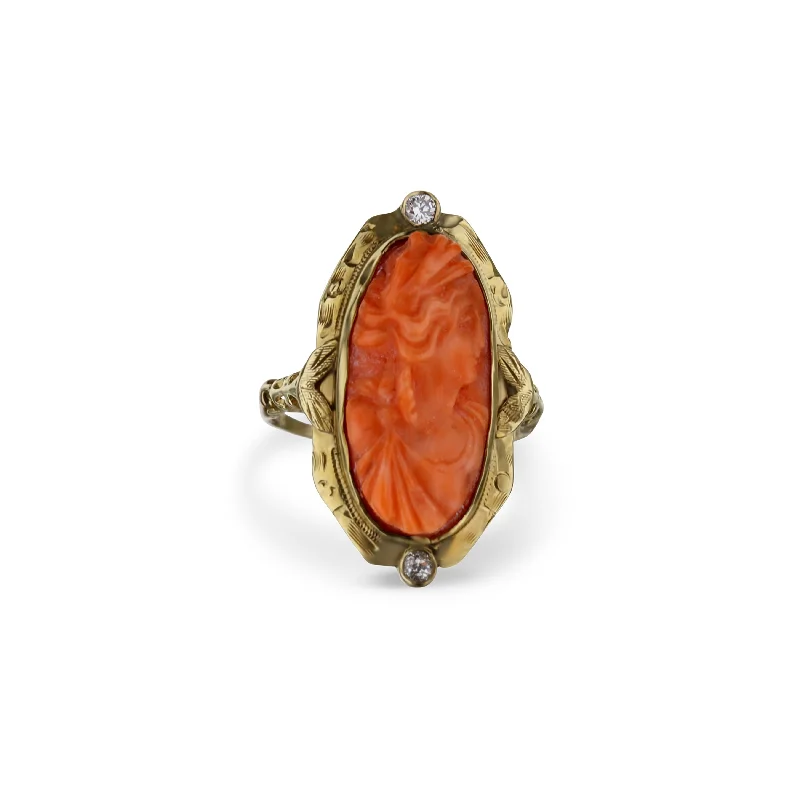 unique moon phase ring 14k Yellow Gold Oval Cameo Ring With Diamonds
