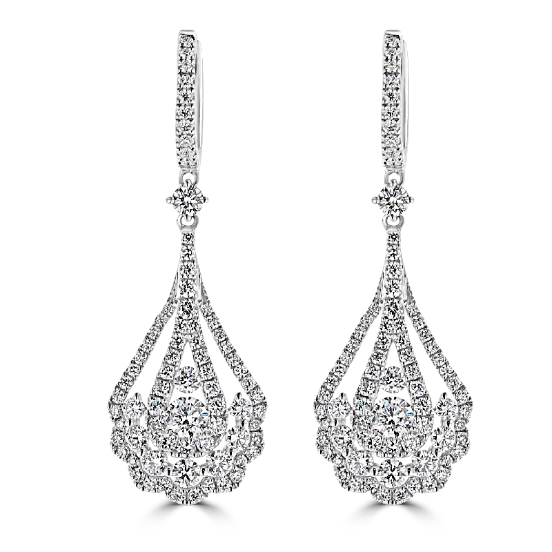 14KT WHITE GOLD 2.01 CTW DIAMOND TEARDROP HOOP EARRINGS