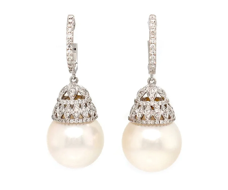 16.0MM Cultured South Sea Pearl and 1.00ctw Diamond Dangle Earrings in 18K