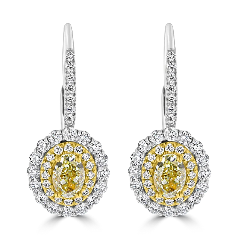 18K 1.43CTW OVAL YELLOW & 1.15CTW DIAMOND HALO DROP EARRINGS