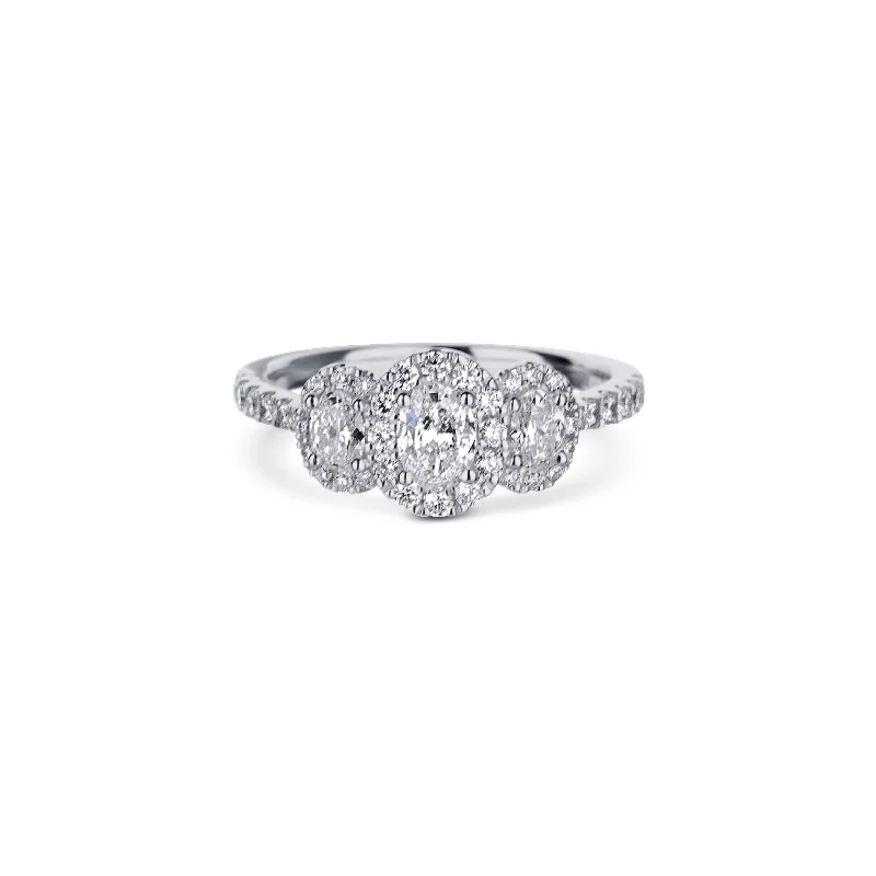 silver wave ring dainty 18K White Gold 3 Oval Diamond With Halo Engagemnet Ring