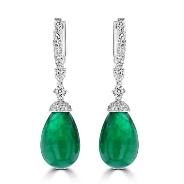 18K WHITE GOLD 34.35CT EMERALD & 2.02CT DIAMOND DANGLE LEVERBACK EARRINGS