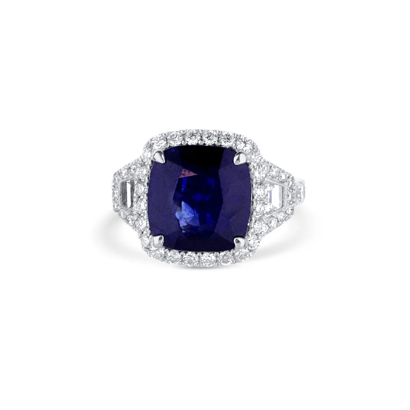 delicate floral wedding band 18K White Gold Cushion-Cut Blue Sapphire & Trapezoidal Diamond Engagement Ring delicate floral wedding band 18K White Gold Cushion-Cut Blue Sapphire & Trapezoidal Diamond Engagement Ring