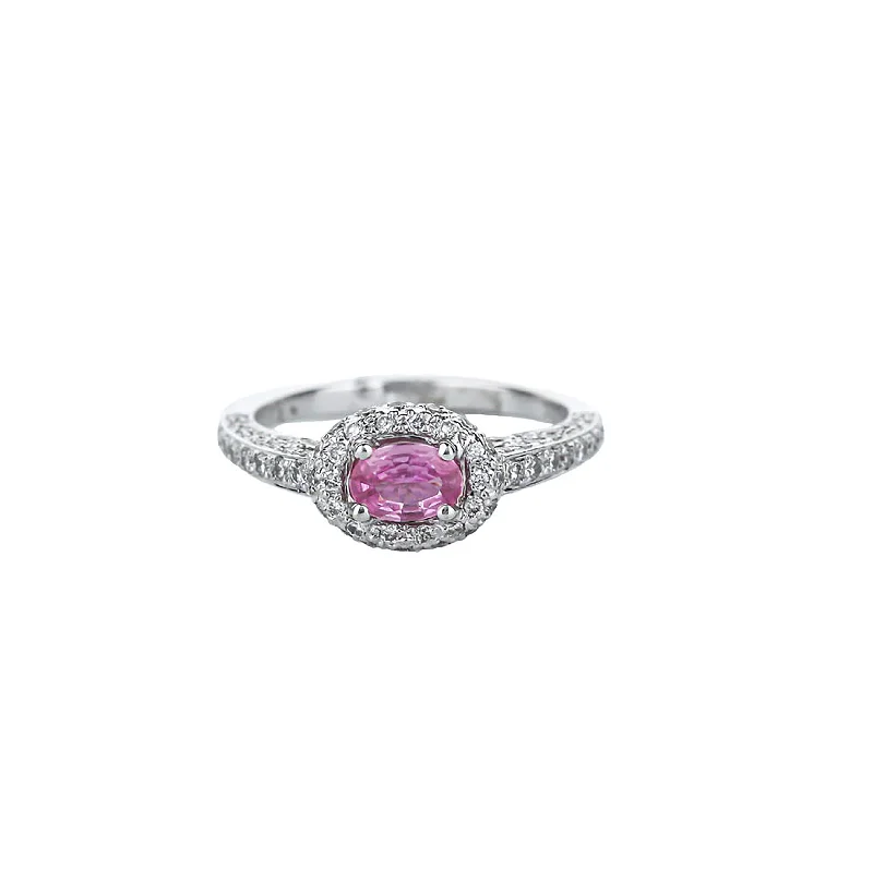 ethical lab-grown diamond ring 18K White Gold Oval Pink Sapphire Diamond Halo Ring ethical lab-grown diamond ring 18K White Gold Oval Pink Sapphire Diamond Halo Ring