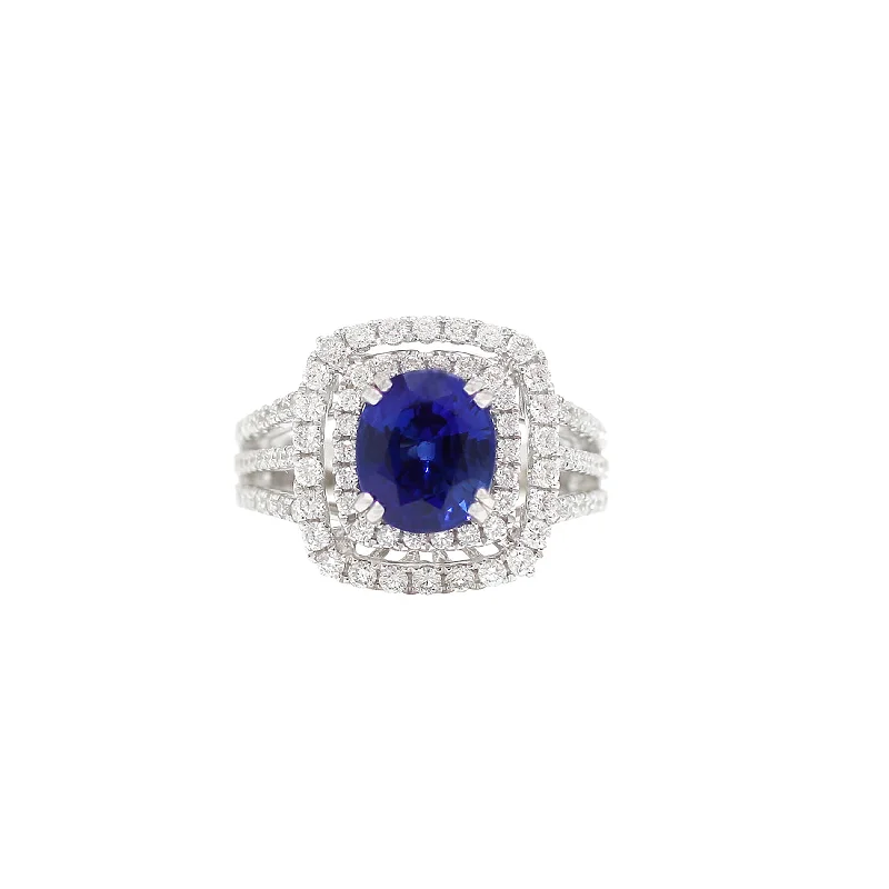 gemstone stacking rings colorful 18K White Gold Round Blue Sapphire Center With Double Diamond Halo & Triple Split-Shank Ring gemstone stacking rings colorful 18K White Gold Round Blue Sapphire Center With Double Diamond Halo & Triple Split-Shank Ring