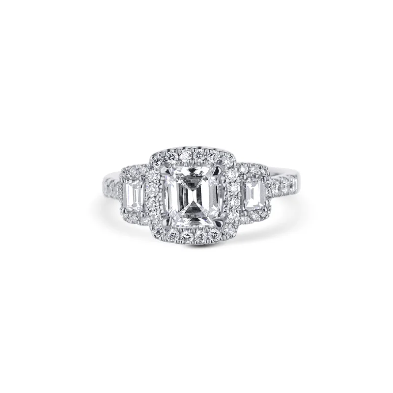 handmade macrame bracelet for men 18K White Gold Three Stone Emerald Cut Diamond Engagement Ring With Halo & Diamonds In Side Shank handmade macrame bracelet for men 18K White Gold Three Stone Emerald Cut Diamond Engagement Ring With Halo & Diamonds In Side Shank