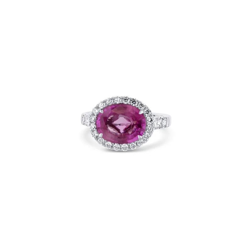 real garnet stacking rings 18K White Gold Wide-Set Oval Pink Sapphire Diamond Halo Ring
