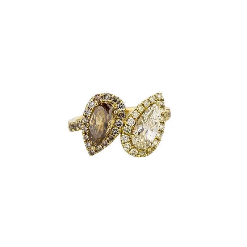 handmade raw stone engagement ring 18K Yellow And Brown Pear And Diamond Ring