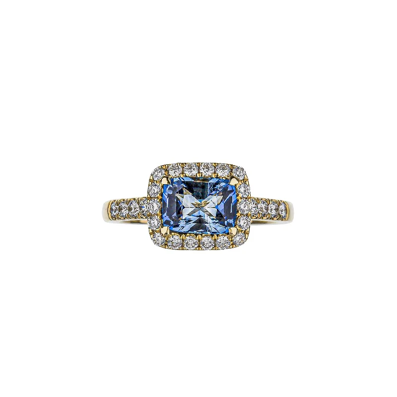 white gold infinity ring 18K Yellow Gold Blue Sapphire Ring With Diamond Halo