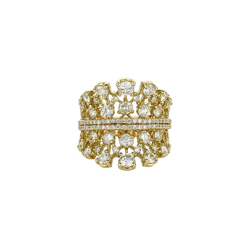 bold statement cuff bracelet 18K Yellow Gold Crown Design Diamond Ring