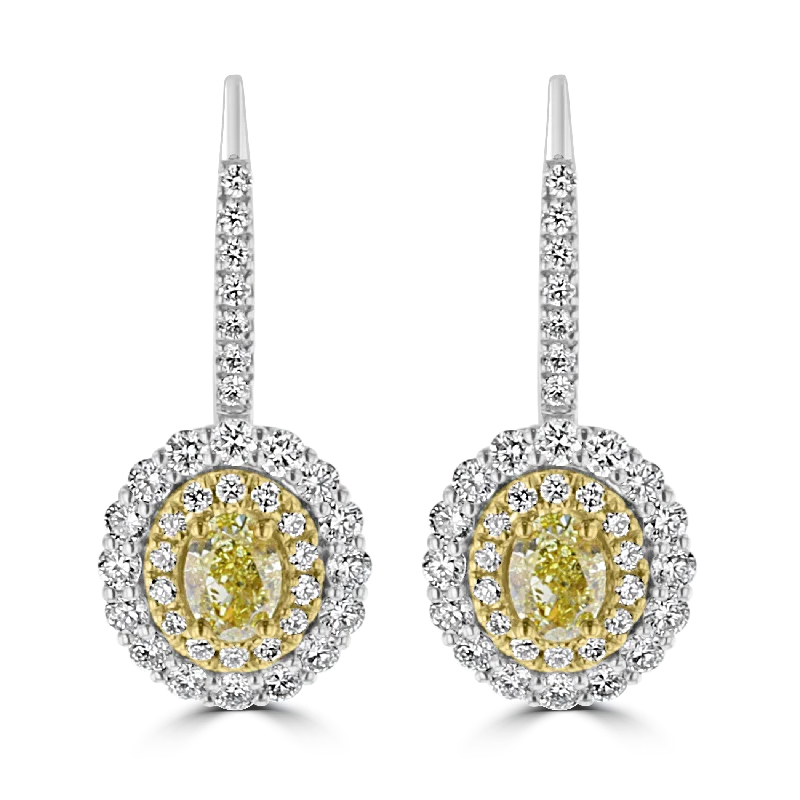 18KT GOLD 1.01 CTW YELLOW & 1.13 CTW WHITE DIAMOND OVAL HALO EARRINGS