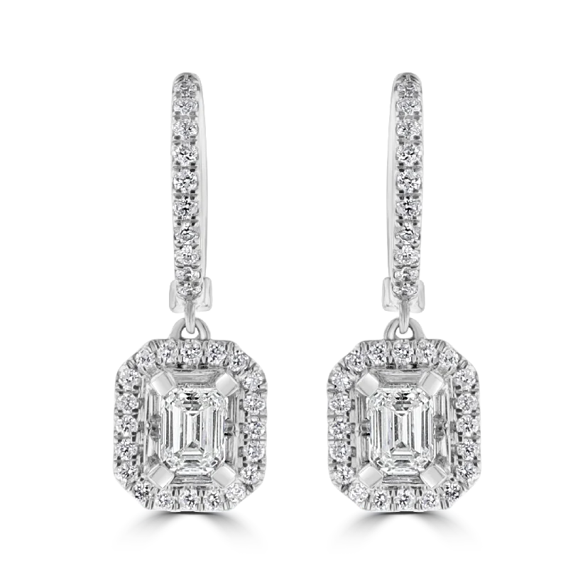 18KT WHITE GOLD 1.23 CTW DIAMOND HALO DROP EARRINGS