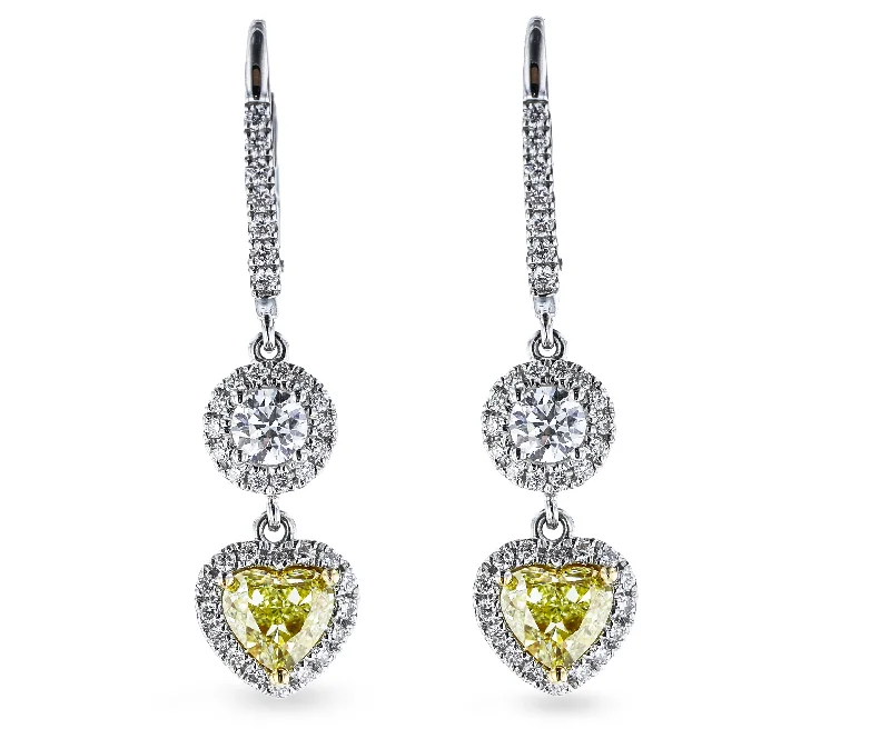 18KT WHITE GOLD 1.53CTW YELLOW DIAMOND & 0.97CTW DIAMOND DANGLE EARRINGS