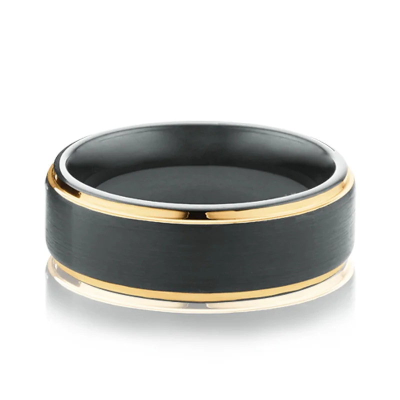 Tensity Tungsten Yellow and Black Patterned Band Mens Ring