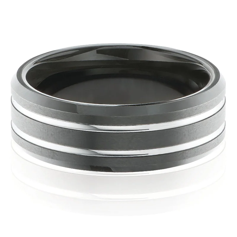 minimalist silver stacking bangles Tensity Black Double Line Band  Mens Ring