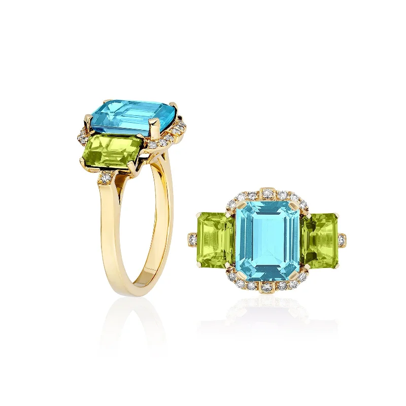 celestial moonstone ring gold 3 Stone Blue Topaz and Peridot Emerald Cut Ring with Diamonds