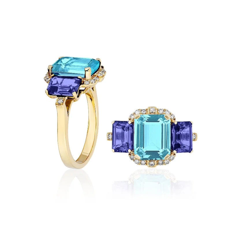 hammered sterling silver band 3 Stone Blue Topaz and Tanzanite Emerald Cut Ring with Diamonds hammered sterling silver band 3 Stone Blue Topaz and Tanzanite Emerald Cut Ring with Diamonds