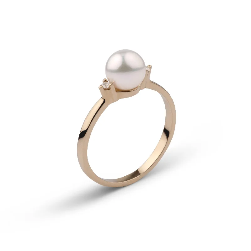 sterling silver herringbone chain 7.0-7.5 mm Akoya Pearl and Diamond Sweetheart Ring sterling silver herringbone chain 7.0-7.5 mm Akoya Pearl and Diamond Sweetheart Ring