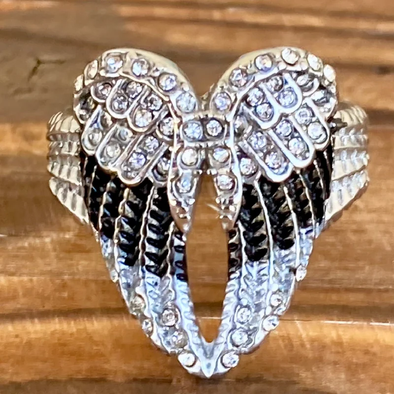 minimalist moonstone bracelet Angel Heart Wing Ring - Black w/White Stones - R245