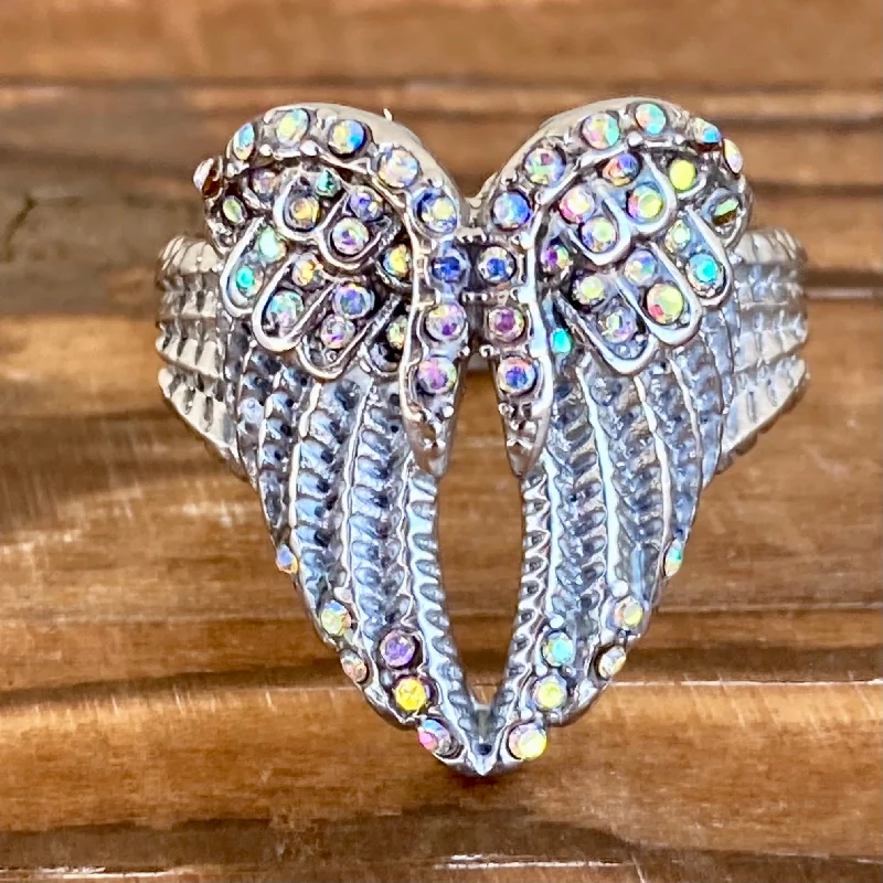 vintage flower brooch pin Angel Heart Wing Ring - Rainbow Stone - R249