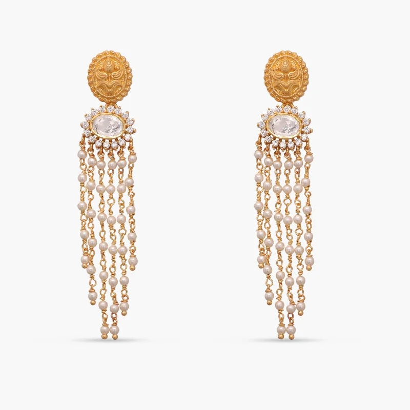 birthstone stacking rings set Avani Gold Plated Moissanite And Pearl Chain Silver Earrings