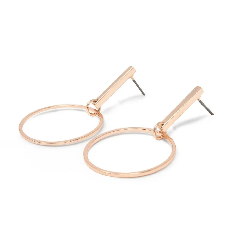 Bar Stud Earrings with Open Circle Rose Gold Tone